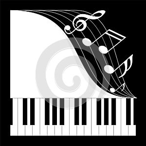 Musical instrument, white grand piano with notes.